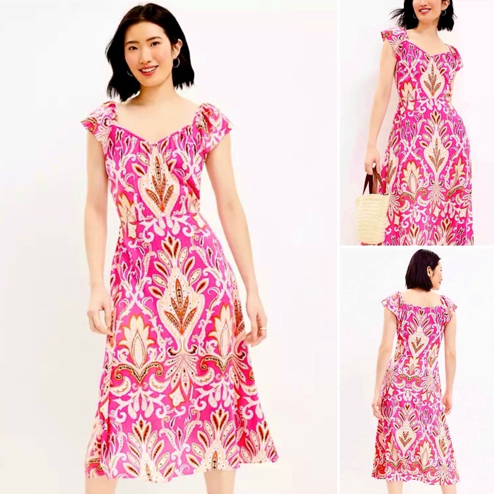 LOFT Ann Taylor Paisley Midi Dress Flutter Sleeve V- Neck Back Zip Closure